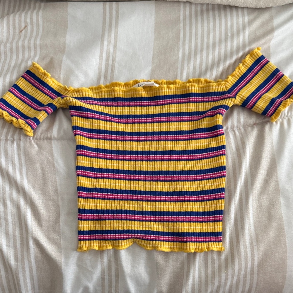 Striped Off-Shoulder Knit Top - Yellow Pink Blue